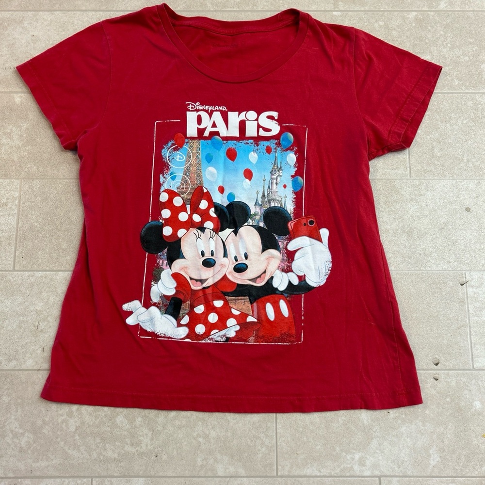 Disneyland Paris Mickey Minnie Eiffel Tower T-Shirt Adult Size XL Red CUTE